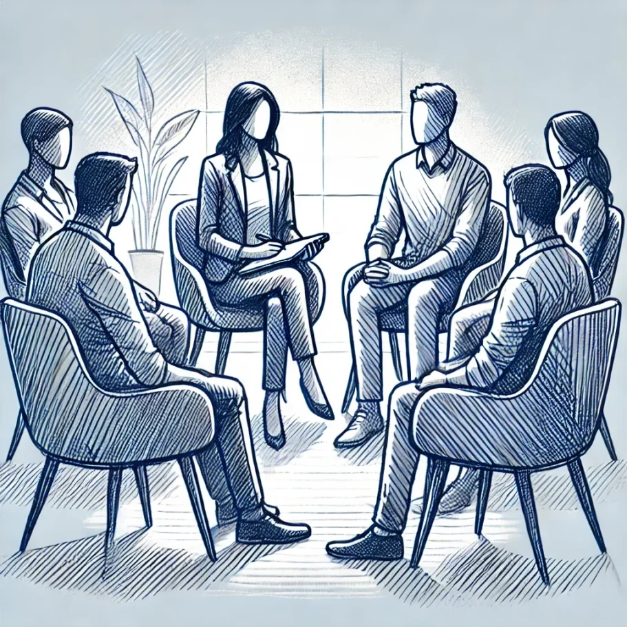 Gruppentherapie Psychotherapie Gruppentherapie-Sitzung, therapeutisch begleiteter Austausch im sicheren Rahmen